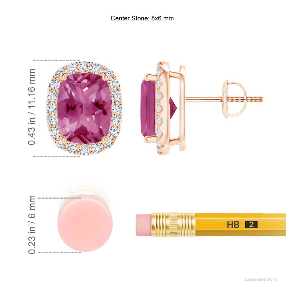 8x6mm AAAA Cushion Pink Tourmaline Stud Earrings with Diamond Halo in Rose Gold ruler