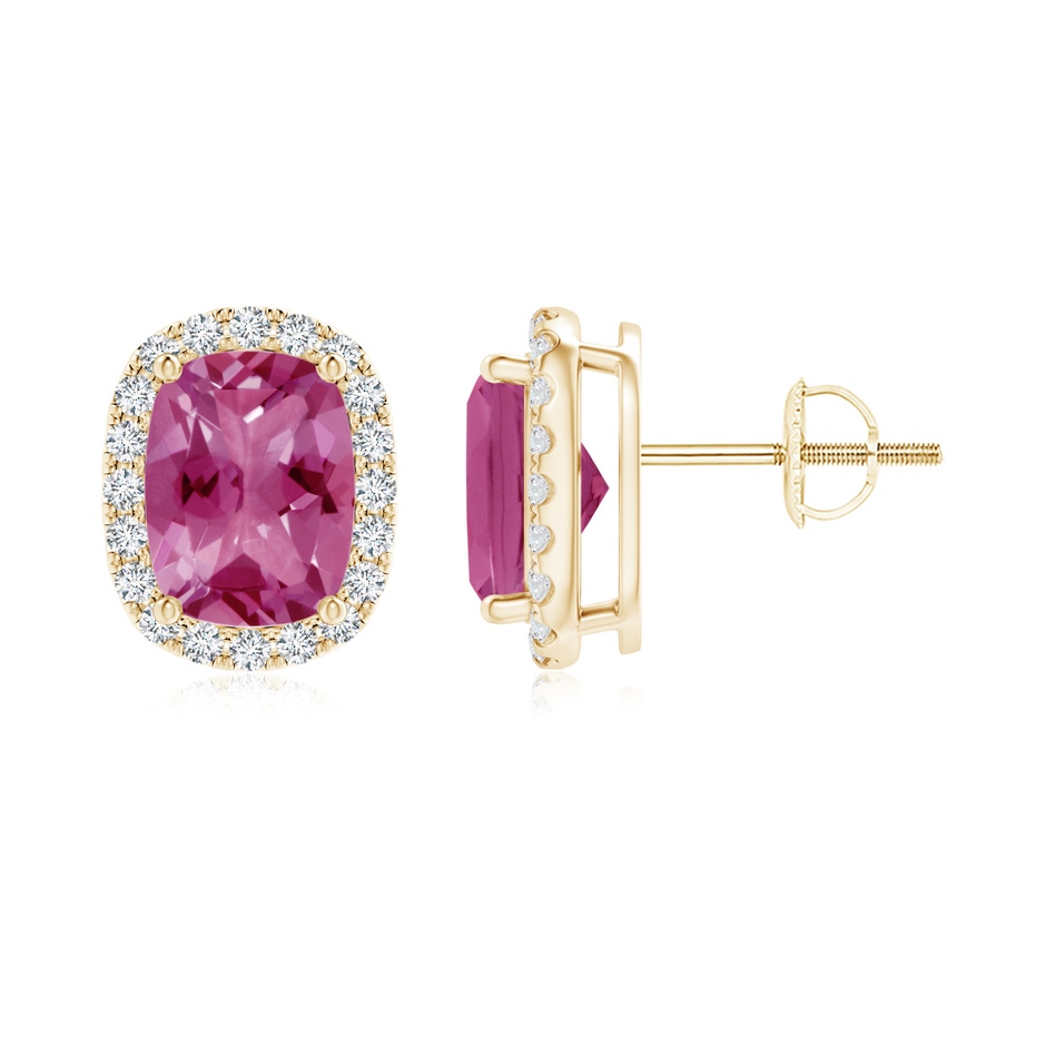 8x6mm AAAA Cushion Pink Tourmaline Stud Earrings with Diamond Halo in Yellow Gold 