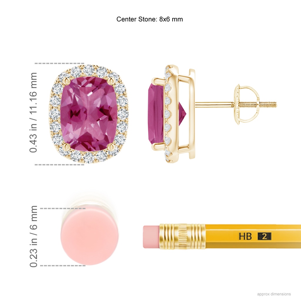 8x6mm AAAA Cushion Pink Tourmaline Stud Earrings with Diamond Halo in Yellow Gold Ruler