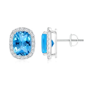 8x6mm AAAA Cushion Swiss Blue Topaz Stud Earrings with Diamond Halo in P950 Platinum