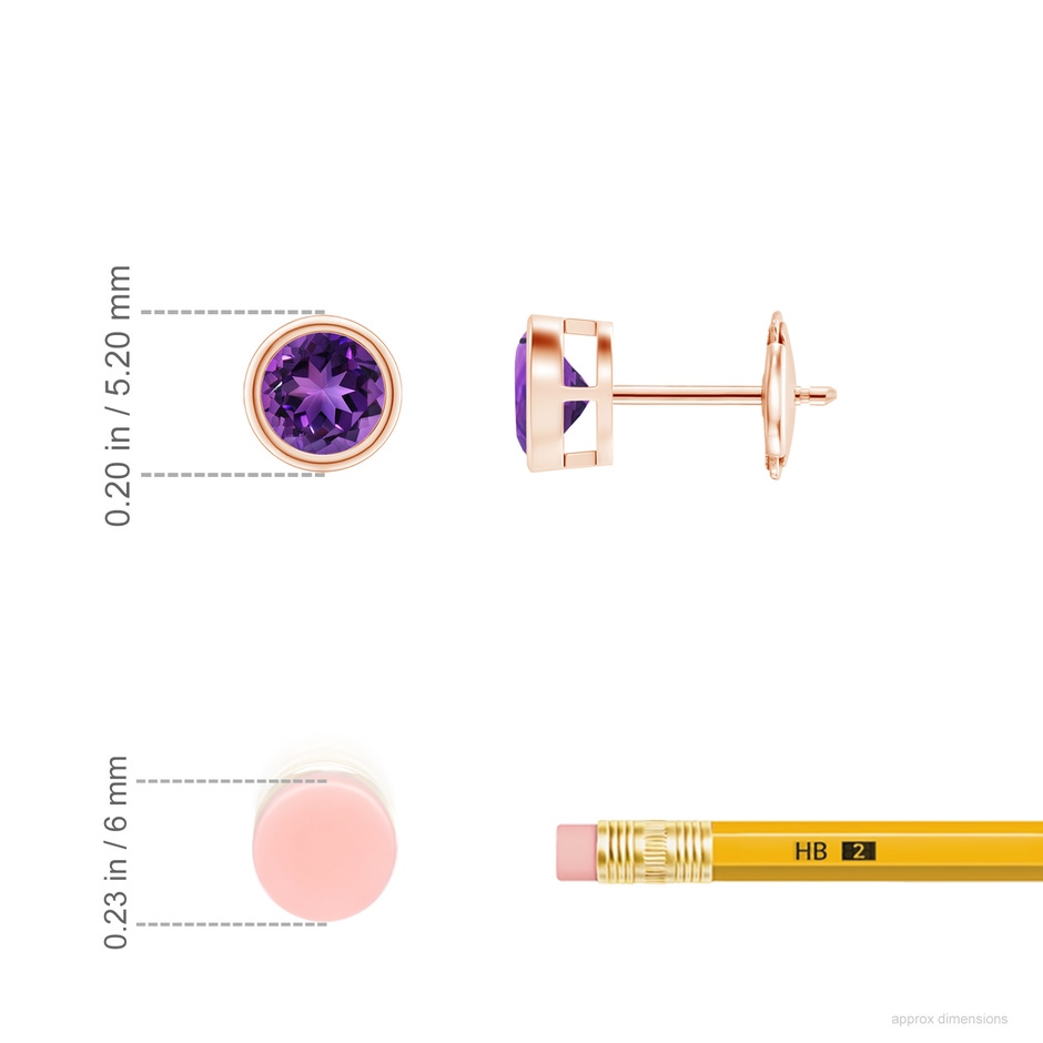 4mm AAAA Bezel-Set  Amethyst Solitaire Stud Earrings in Rose Gold ruler