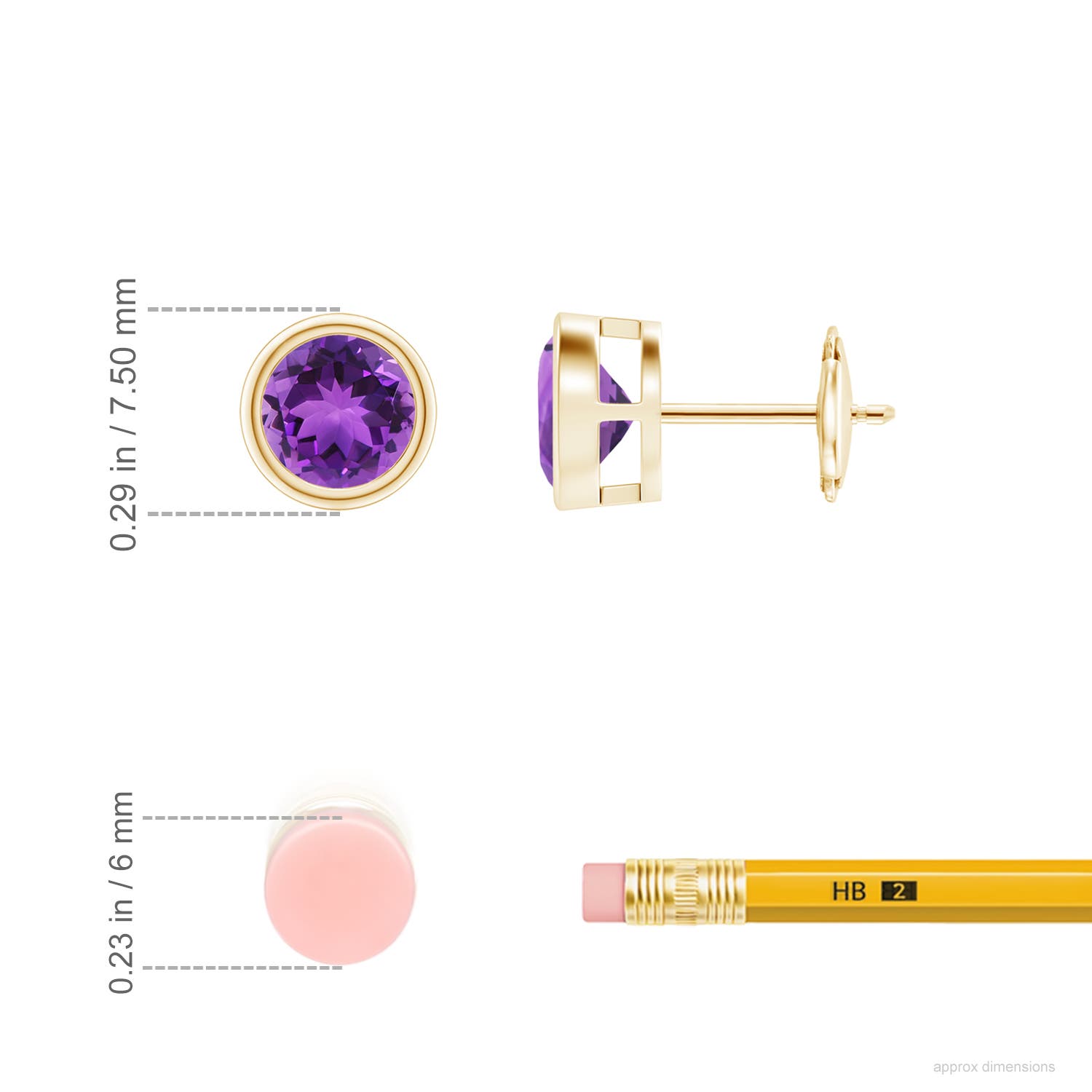 6mm AAA Bezel-Set  Amethyst Solitaire Stud Earrings in 18K Yellow Gold - ruler