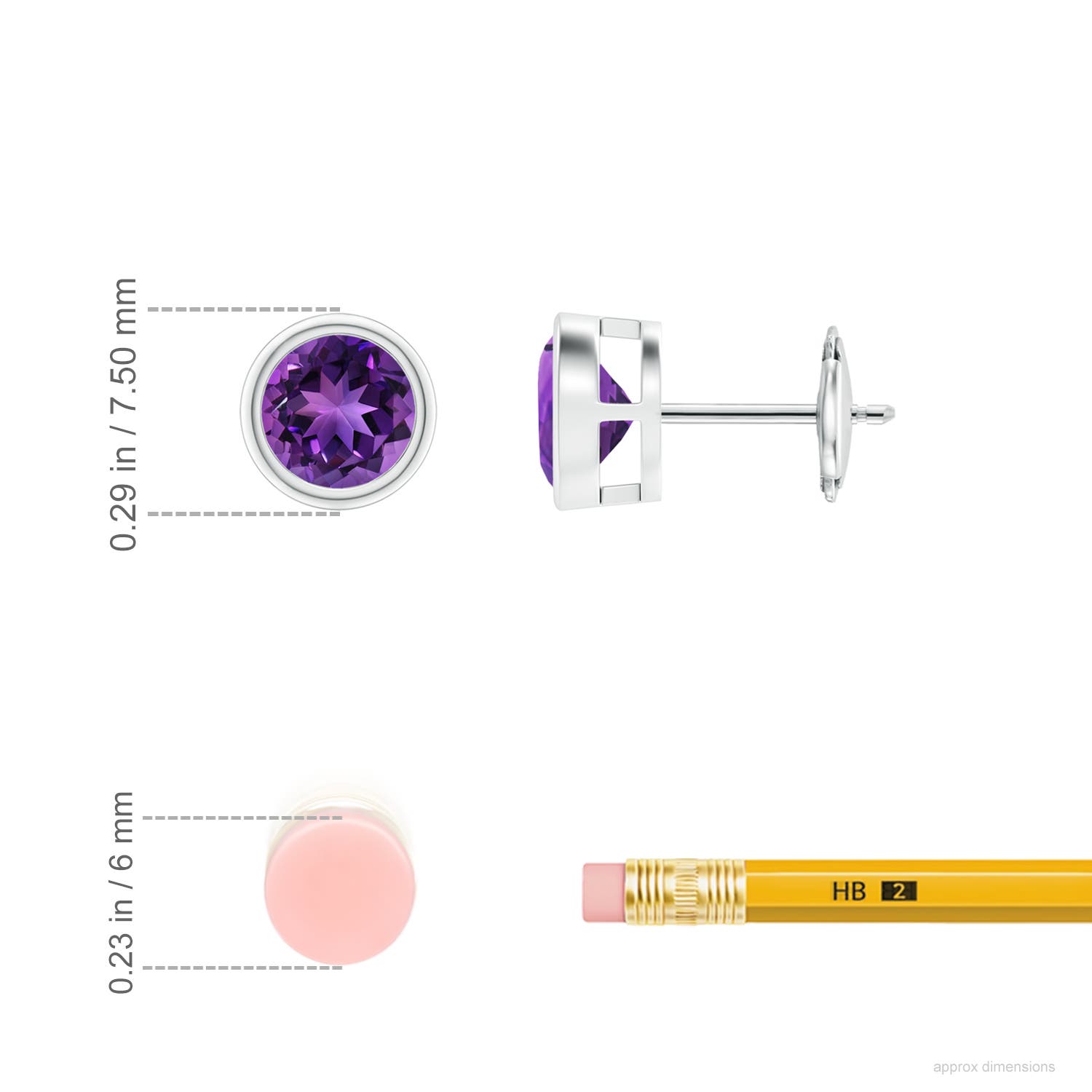 6mm AAAA Bezel-Set  Amethyst Solitaire Stud Earrings in 18K White Gold - ruler