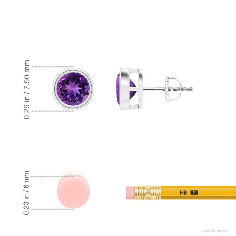 6mm AAAA Bezel-Set  Amethyst Solitaire Stud Earrings in P950 Platinum ruler