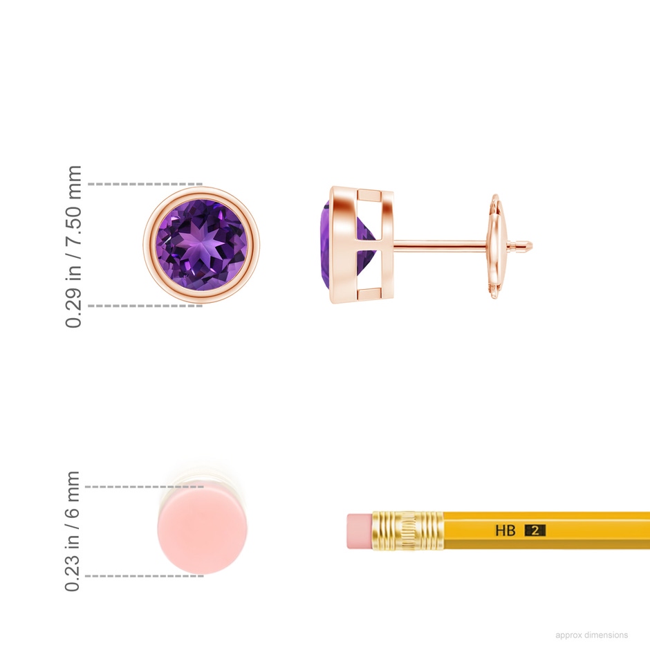 6mm AAAA Bezel-Set  Amethyst Solitaire Stud Earrings in Rose Gold ruler