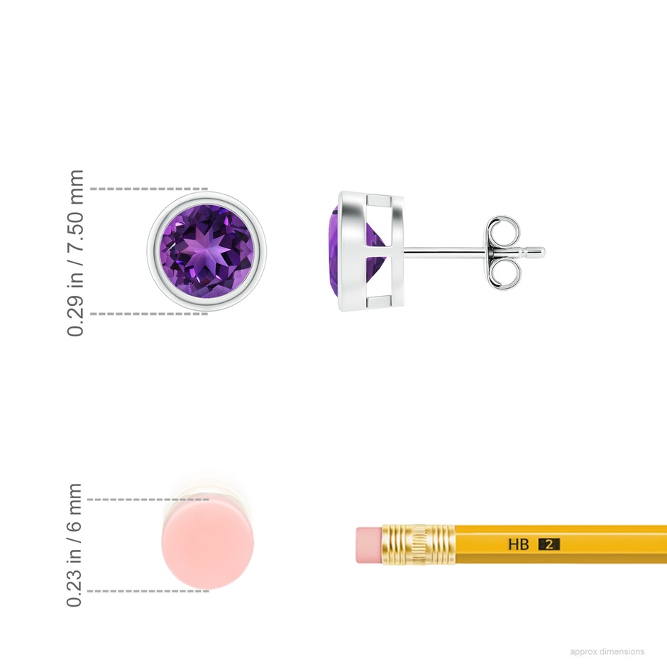 6mm AAAA Bezel-Set  Amethyst Solitaire Stud Earrings in S999 Silver ruler