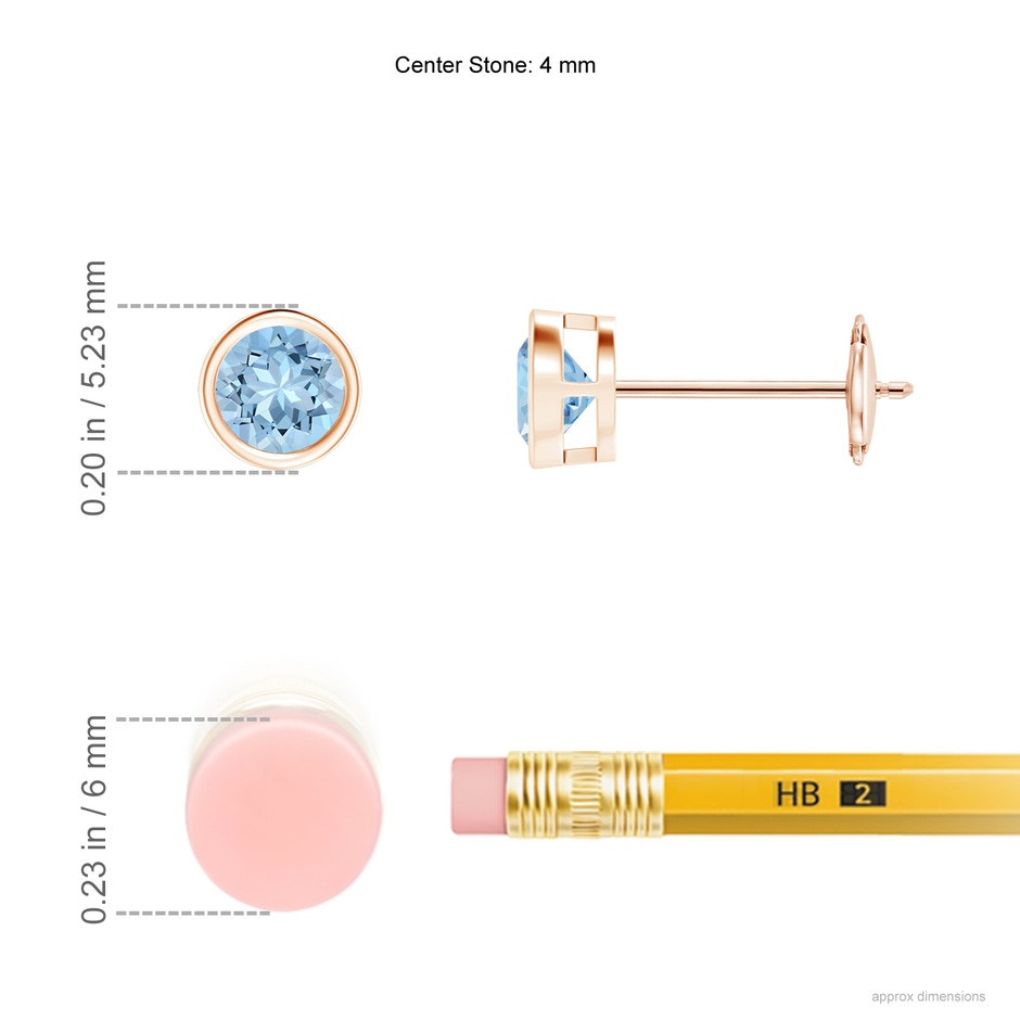 4mm AAA Bezel-Set Aquamarine Solitaire Stud Earrings in Rose Gold ruler