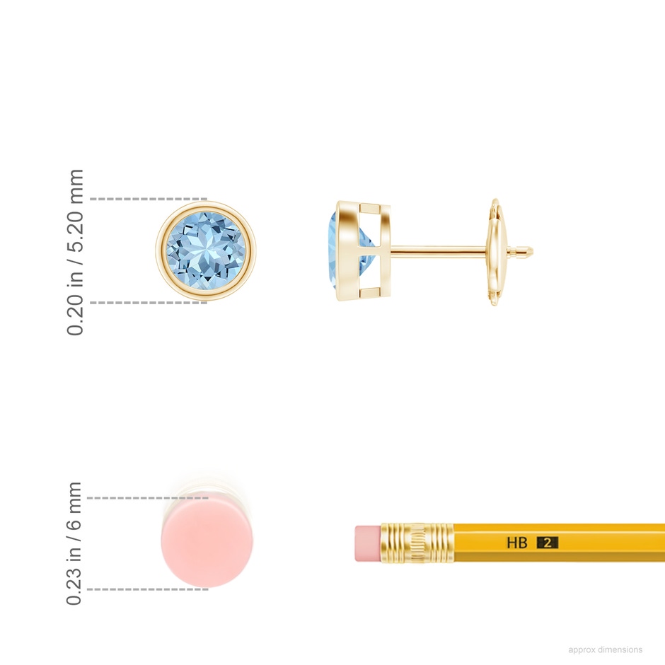 4mm AAA Bezel-Set Aquamarine Solitaire Stud Earrings in Yellow Gold ruler