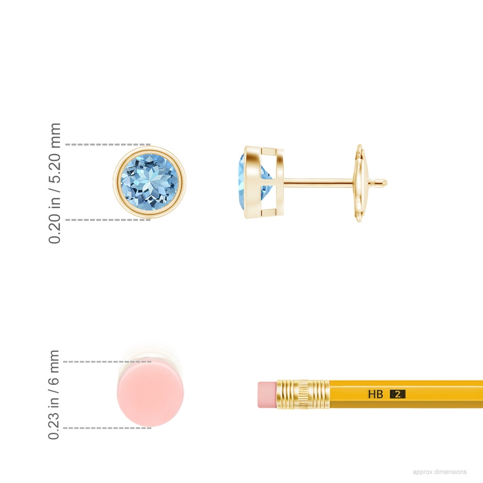 4mm AAAA Bezel-Set Aquamarine Solitaire Stud Earrings in Yellow Gold ruler