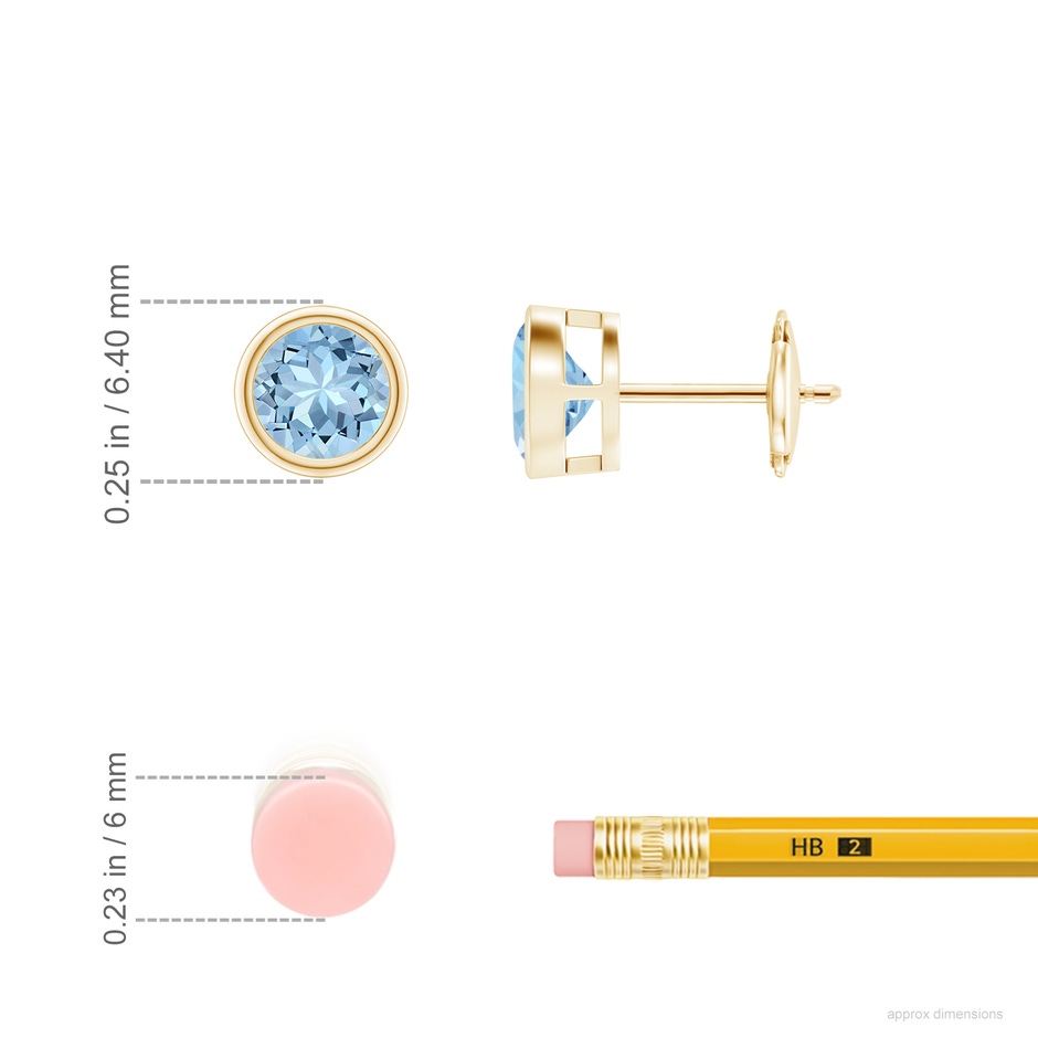 5mm AAA Bezel-Set Aquamarine Solitaire Stud Earrings in Yellow Gold ruler