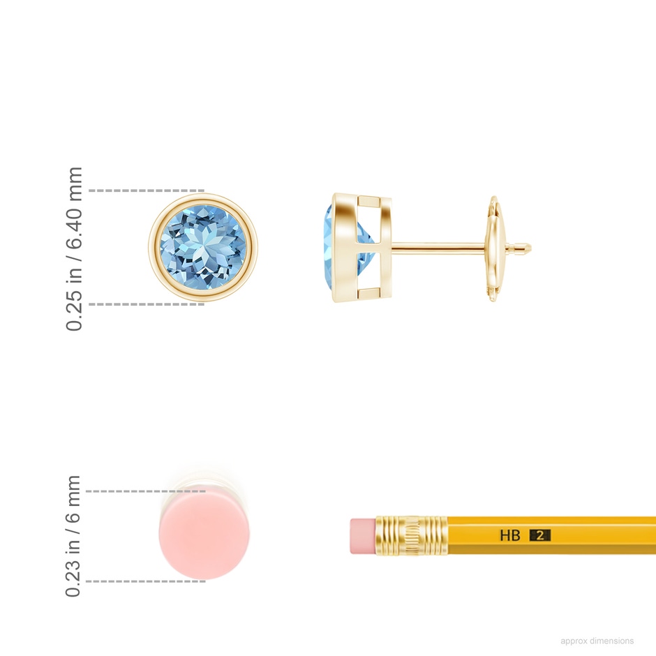 5mm AAAA Bezel-Set Aquamarine Solitaire Stud Earrings in Yellow Gold ruler