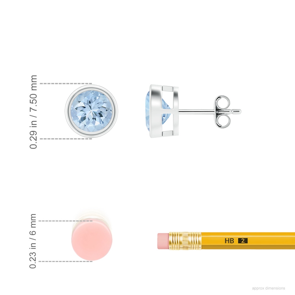 6mm AA Bezel-Set Aquamarine Solitaire Stud Earrings in S999 Silver ruler