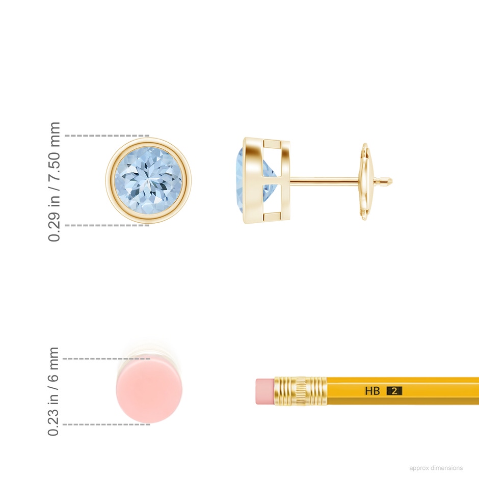 6mm AA Bezel-Set Aquamarine Solitaire Stud Earrings in Yellow Gold ruler