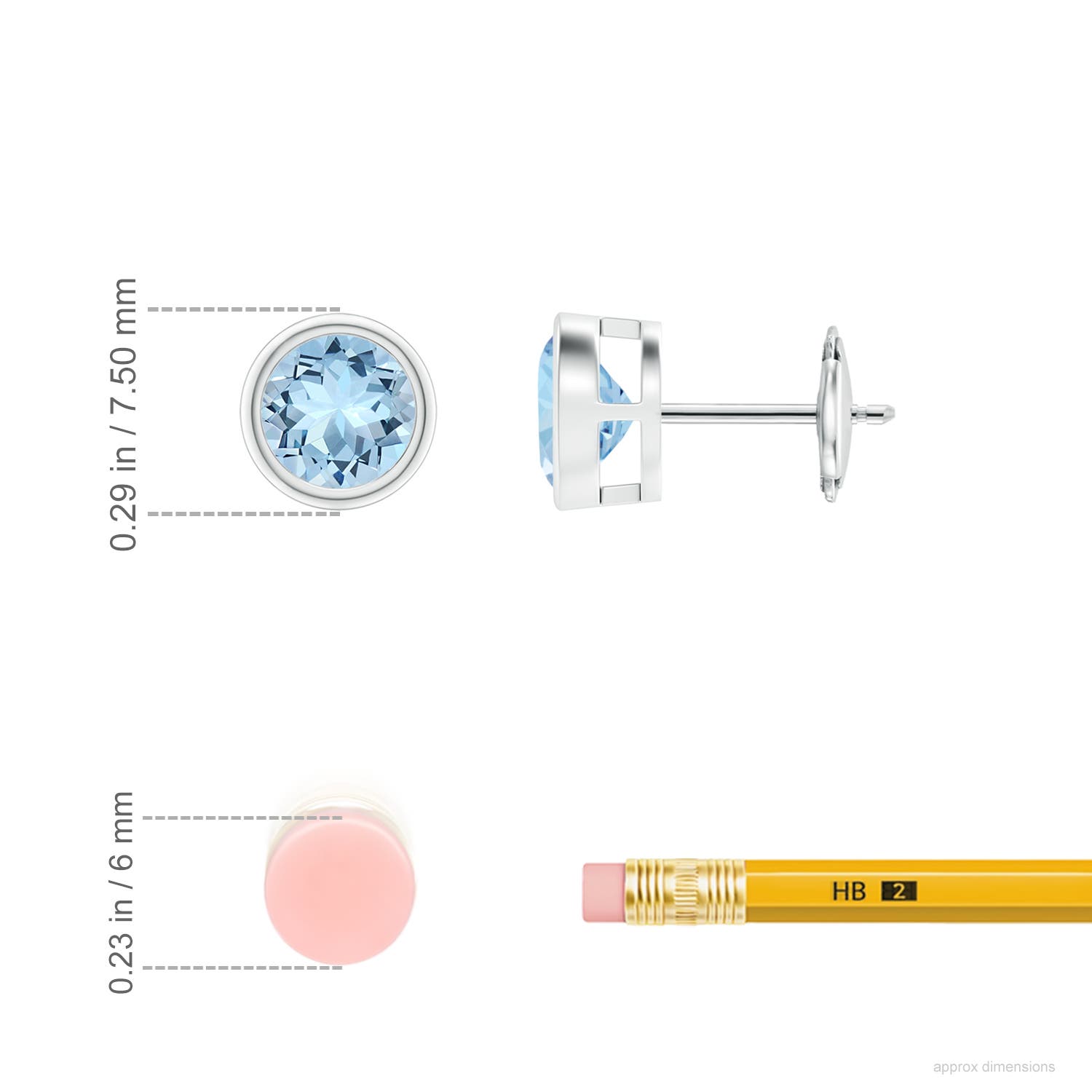 6mm AAA Bezel-Set Aquamarine Solitaire Stud Earrings in 18K White Gold - ruler