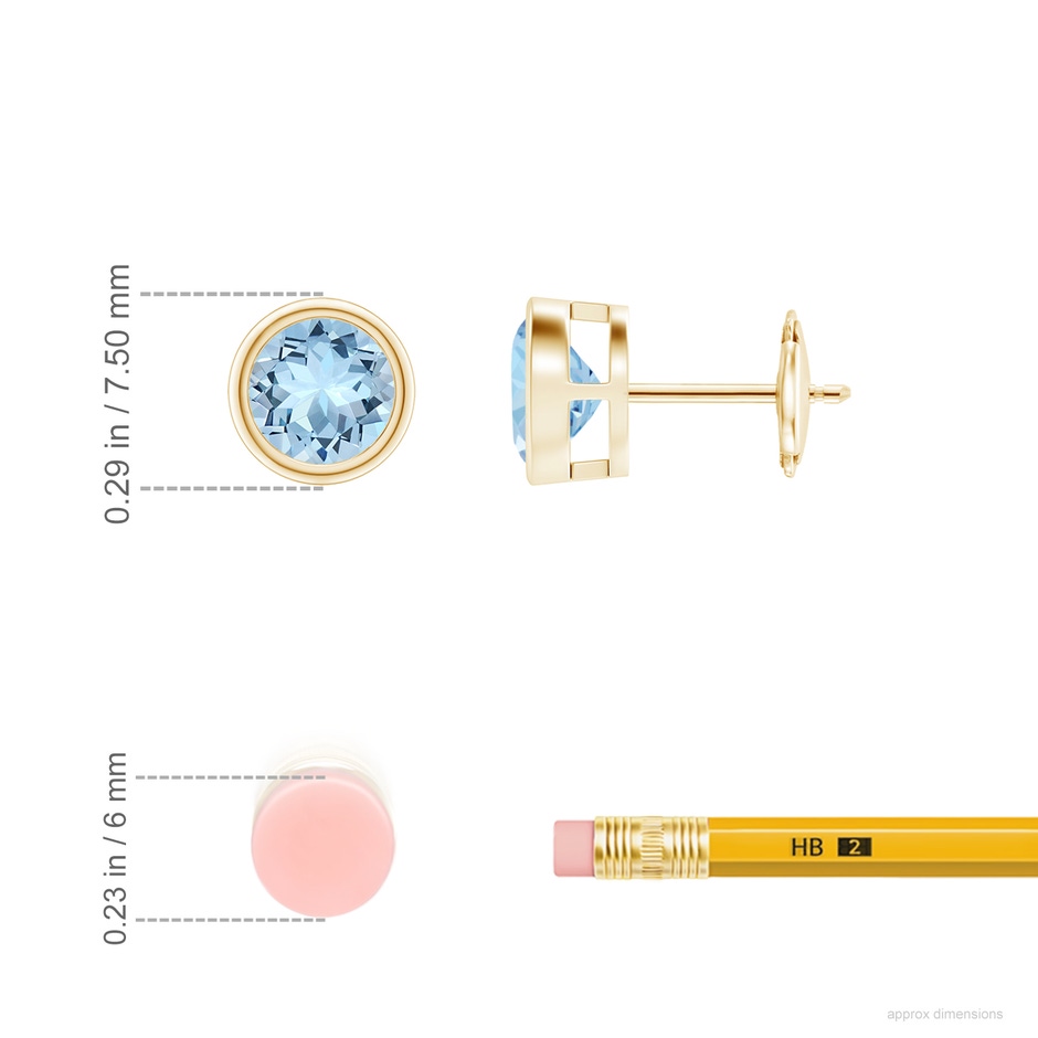 6mm AAA Bezel-Set Aquamarine Solitaire Stud Earrings in 18K Yellow Gold ruler