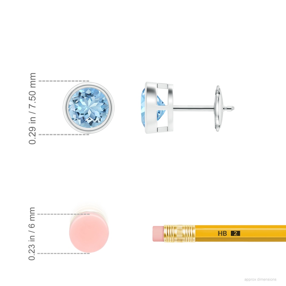 6mm AAAA Bezel-Set Aquamarine Solitaire Stud Earrings in 18K White Gold ruler