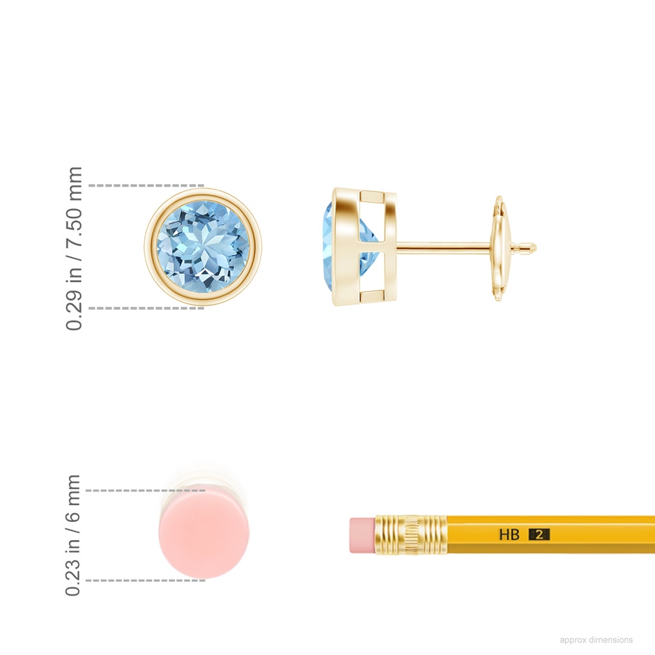 6mm AAAA Bezel-Set Aquamarine Solitaire Stud Earrings in 18K Yellow Gold ruler