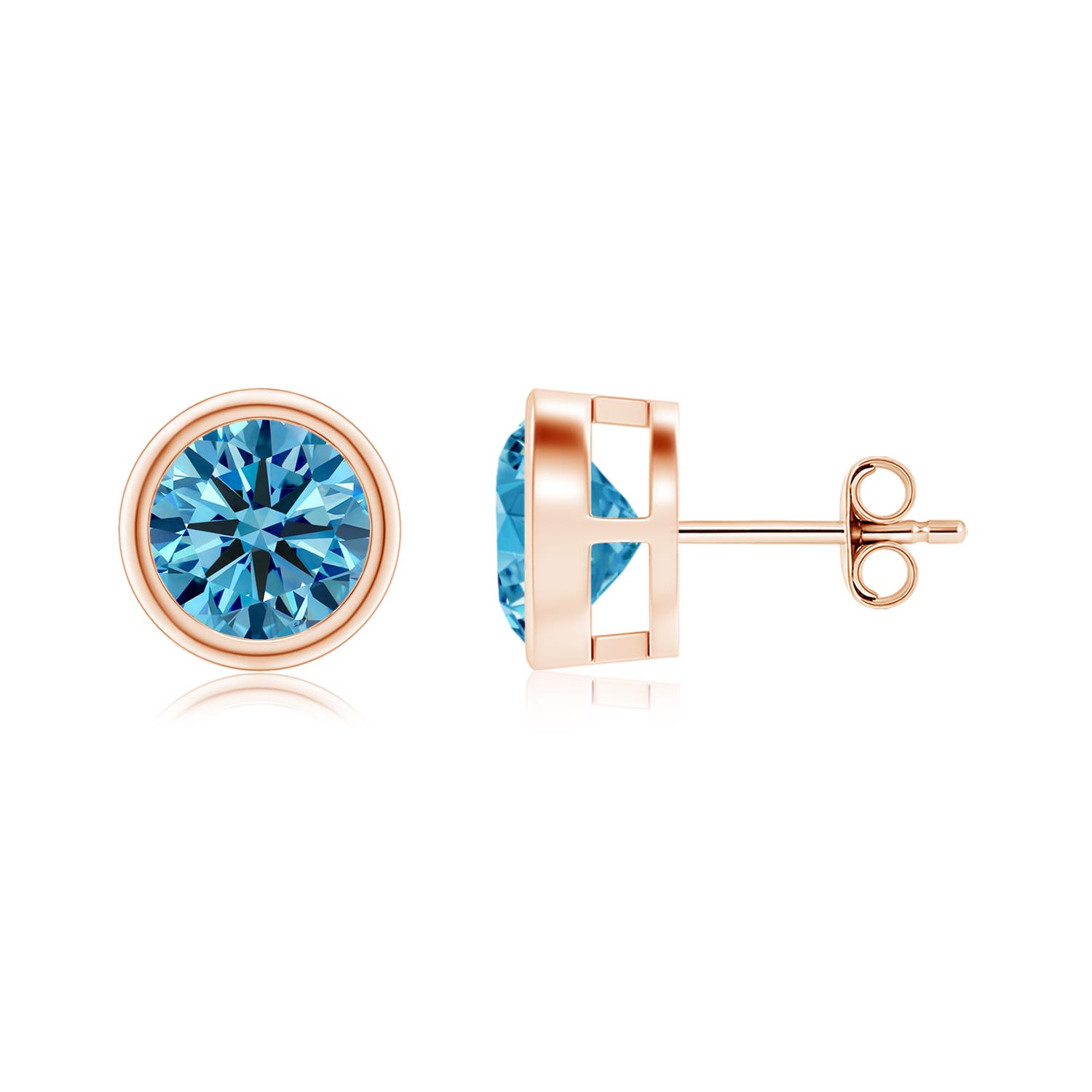 7.4mm AAAA Bezel-Set Fancy Intense Blue Diamond Solitaire Stud Earrings in 18K Rose Gold