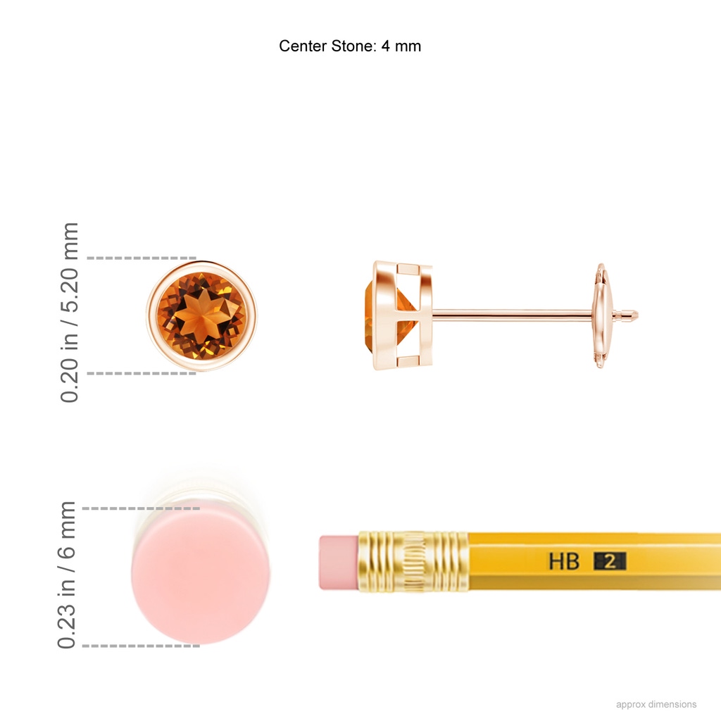 4mm AAAA Bezel-Set Citrine Solitaire Stud Earrings in Rose Gold Ruler