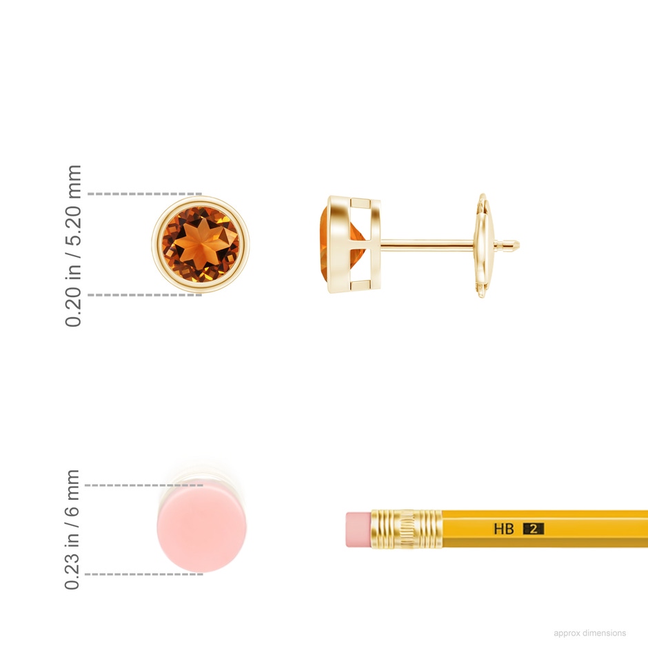 4mm AAAA Bezel-Set Citrine Solitaire Stud Earrings in Yellow Gold ruler