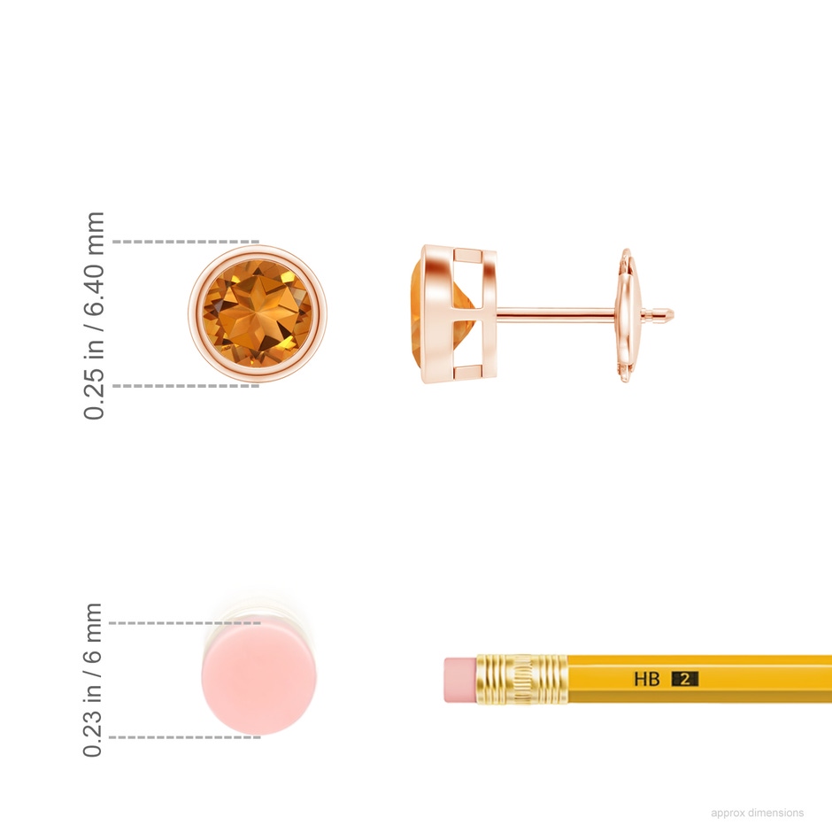 5mm AAA Bezel-Set Citrine Solitaire Stud Earrings in 18K Rose Gold ruler