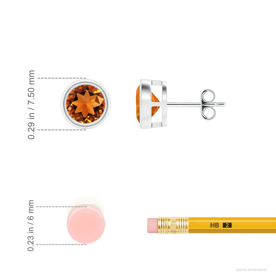 6mm AAAA Bezel-Set Citrine Solitaire Stud Earrings in S999 Silver ruler
