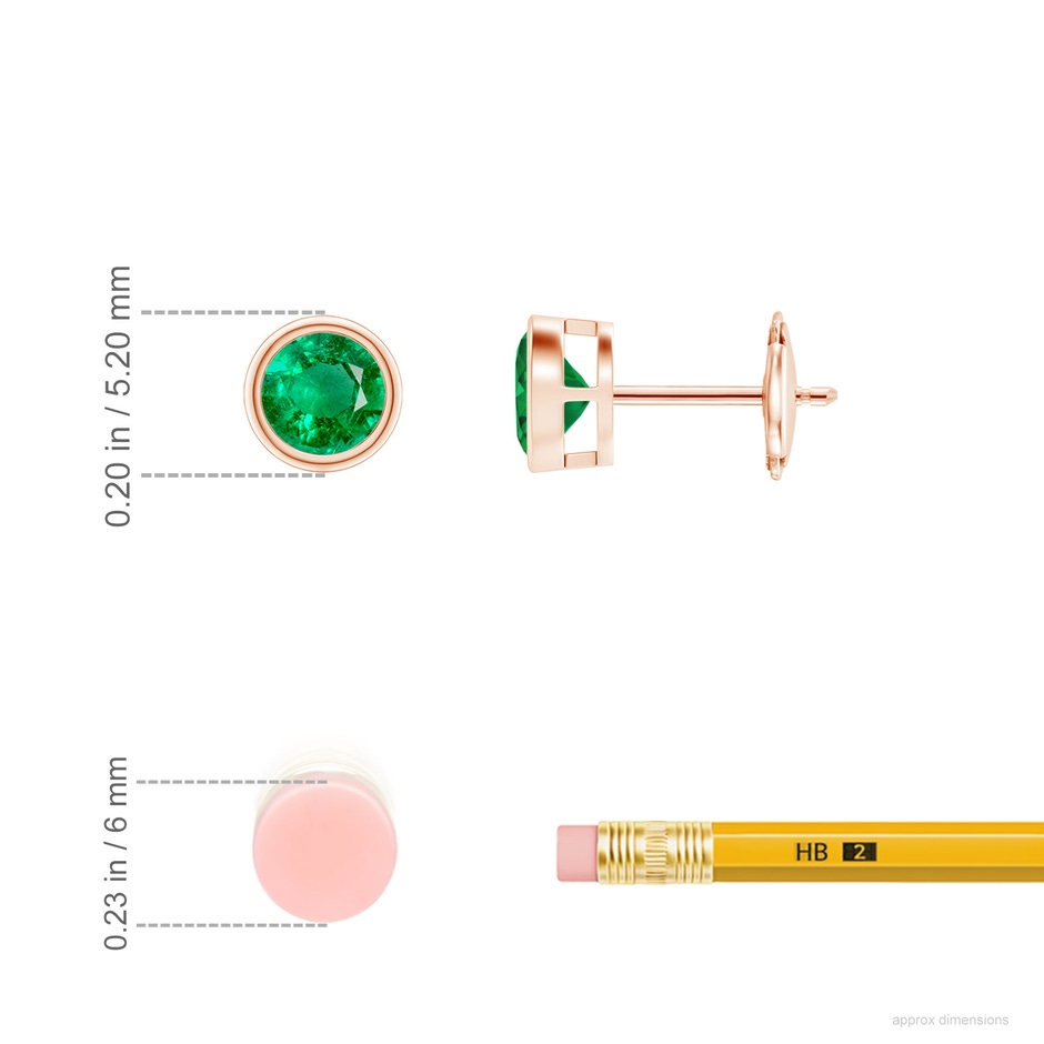 4mm AAA Bezel-Set Emerald Solitaire Stud Earrings in Rose Gold ruler