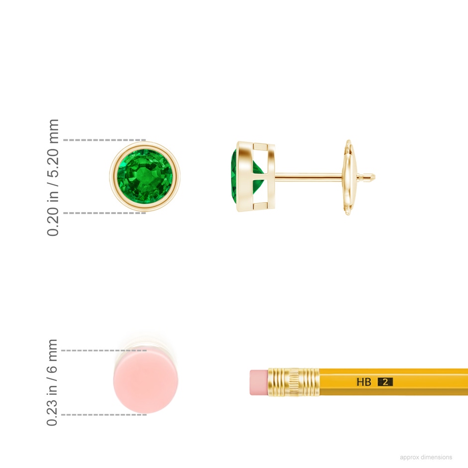 4mm AAAA Bezel-Set Emerald Solitaire Stud Earrings in 18K Yellow Gold ruler