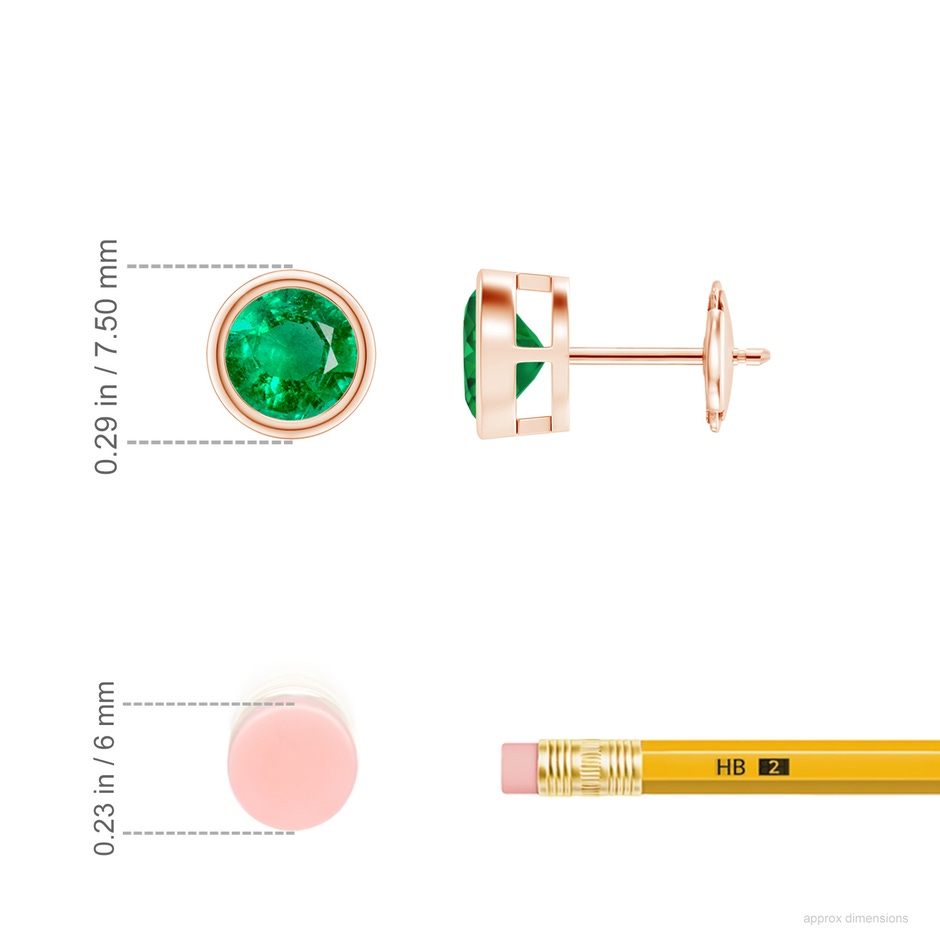 6mm AAA Bezel-Set Emerald Solitaire Stud Earrings in Rose Gold ruler