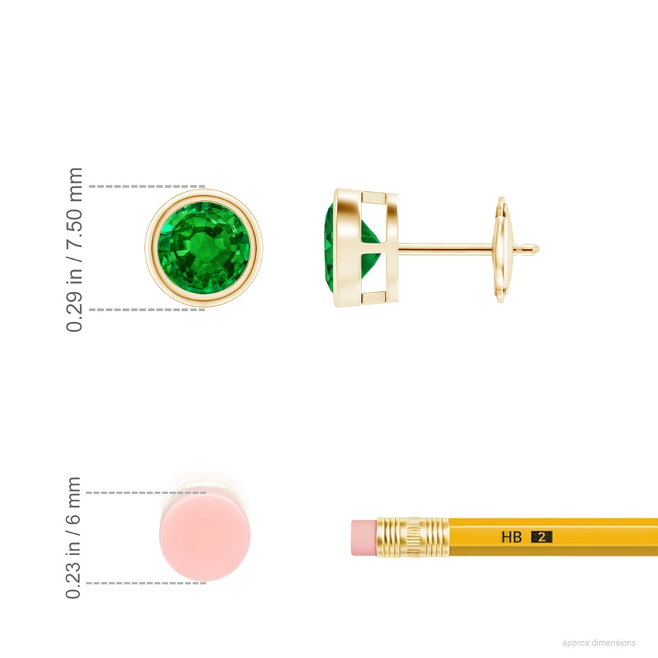 6mm AAAA Bezel-Set Emerald Solitaire Stud Earrings in Yellow Gold ruler