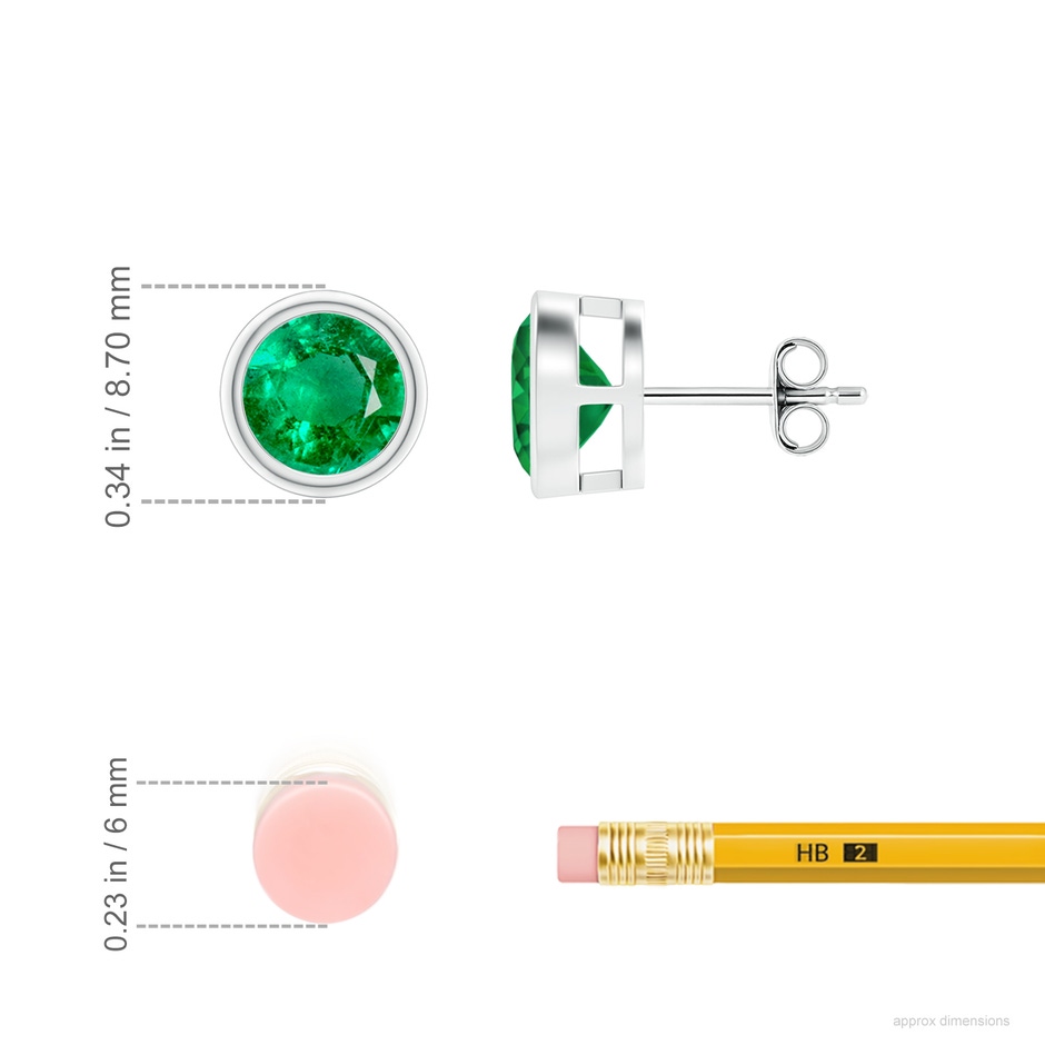 7mm AAA Bezel-Set Emerald Solitaire Stud Earrings in S999 Silver ruler