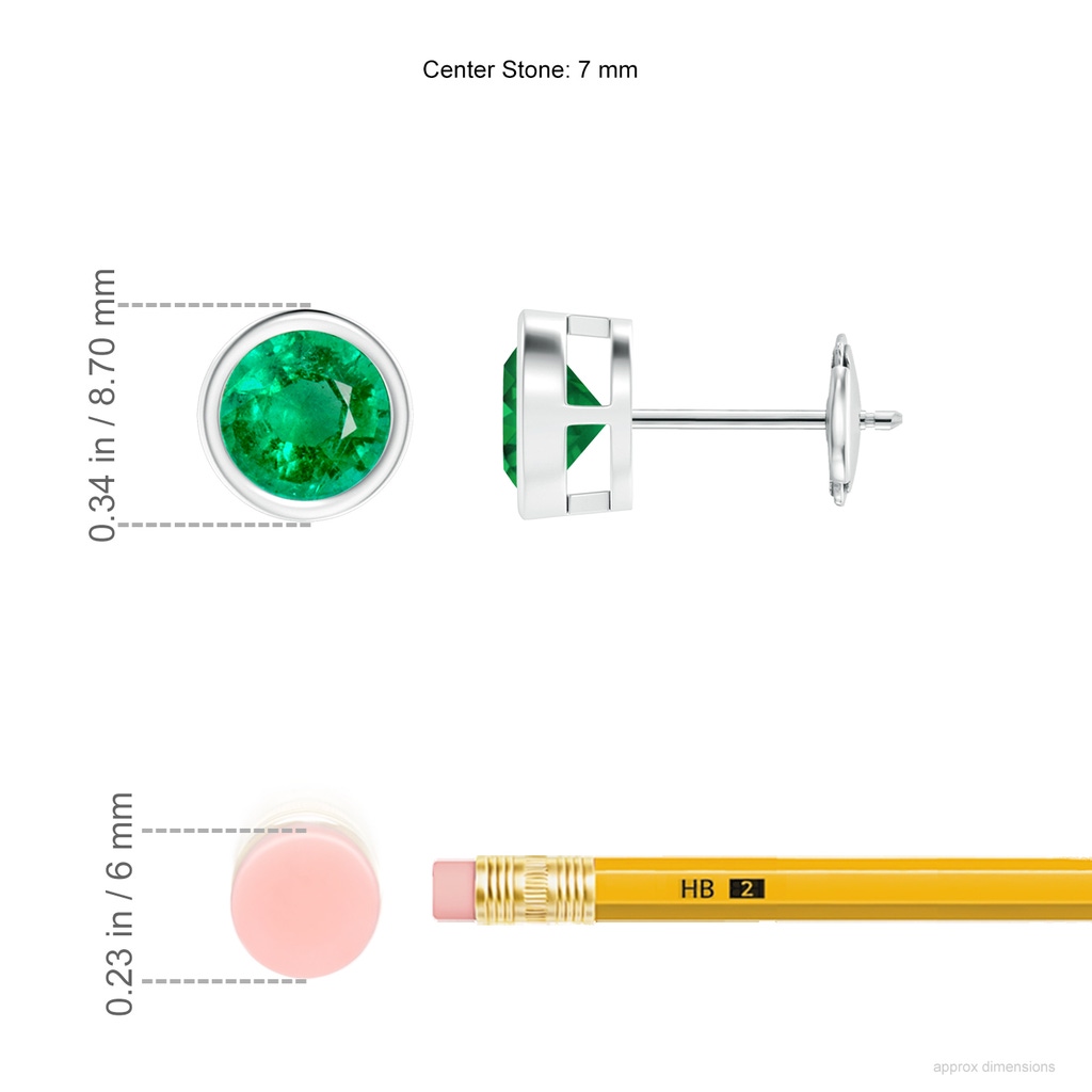 7mm AAA Bezel-Set Emerald Solitaire Stud Earrings in White Gold ruler