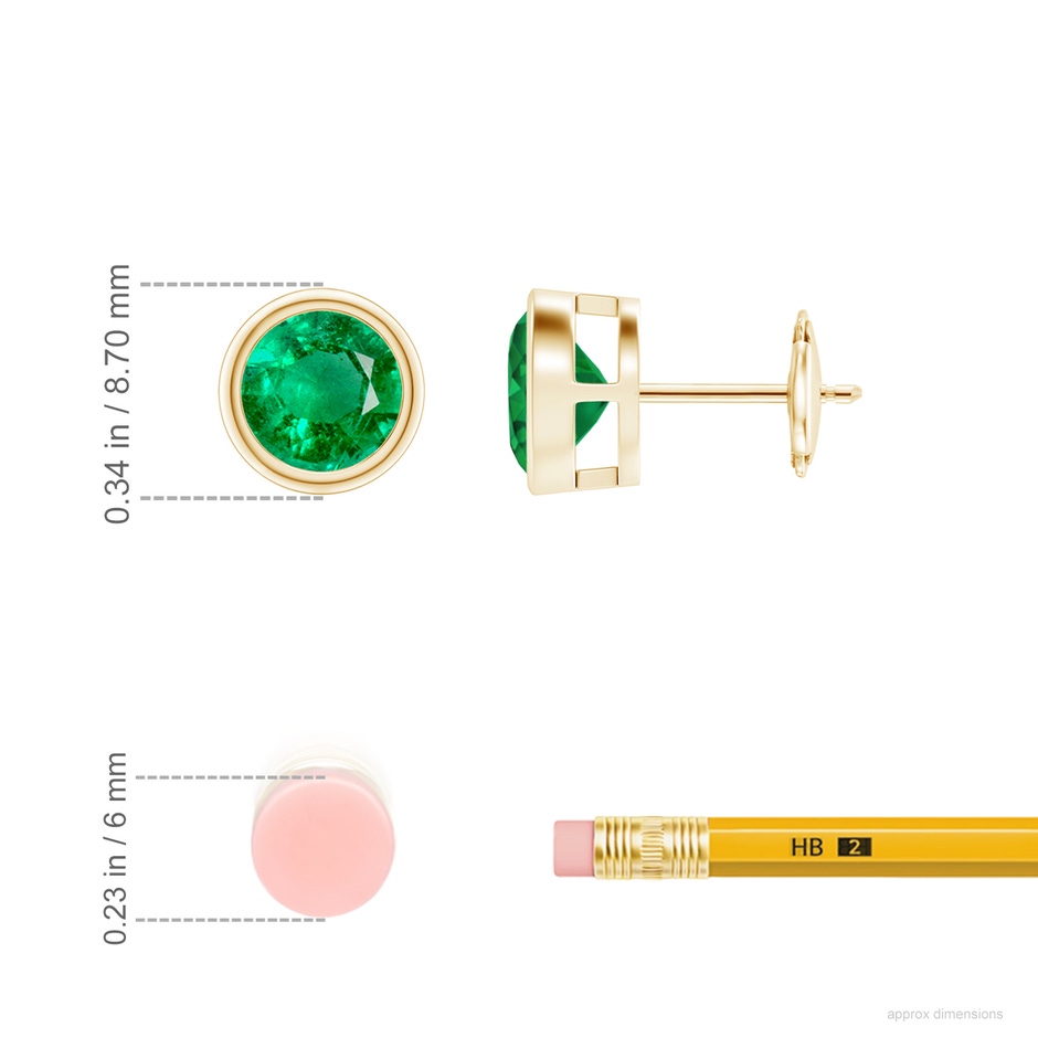 7mm AAA Bezel-Set Emerald Solitaire Stud Earrings in Yellow Gold ruler