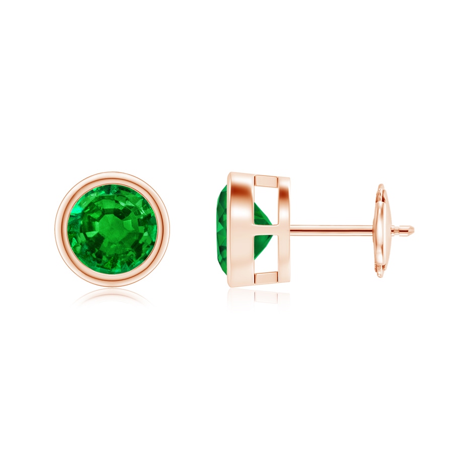 7mm AAAA Bezel-Set Emerald Solitaire Stud Earrings in Rose Gold 