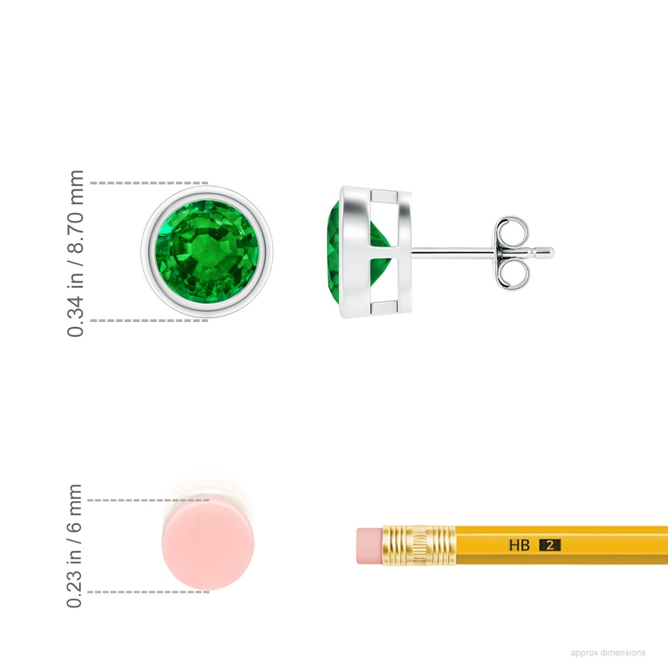 7mm AAAA Bezel-Set Emerald Solitaire Stud Earrings in S999 Silver ruler