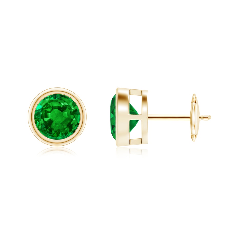 7mm AAAA Bezel-Set Emerald Solitaire Stud Earrings in Yellow Gold 