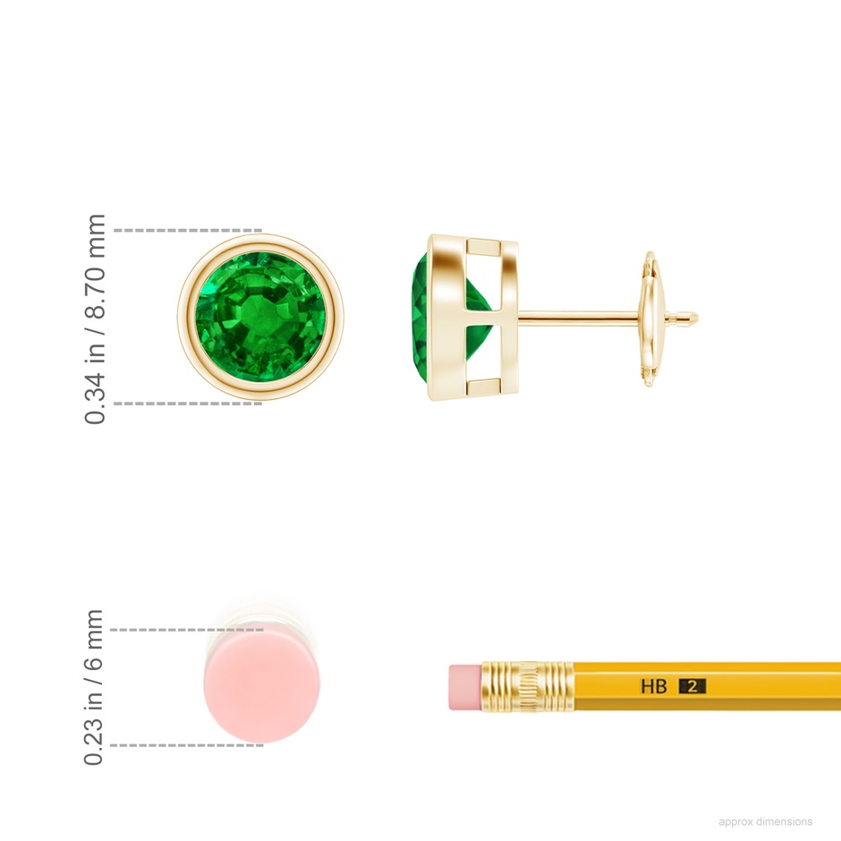 7mm AAAA Bezel-Set Emerald Solitaire Stud Earrings in Yellow Gold ruler