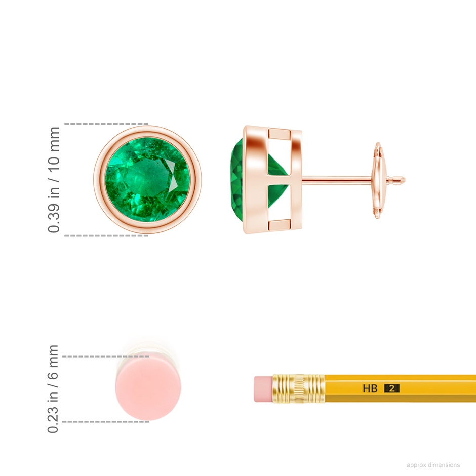 8mm AAA Bezel-Set Emerald Solitaire Stud Earrings in Rose Gold ruler