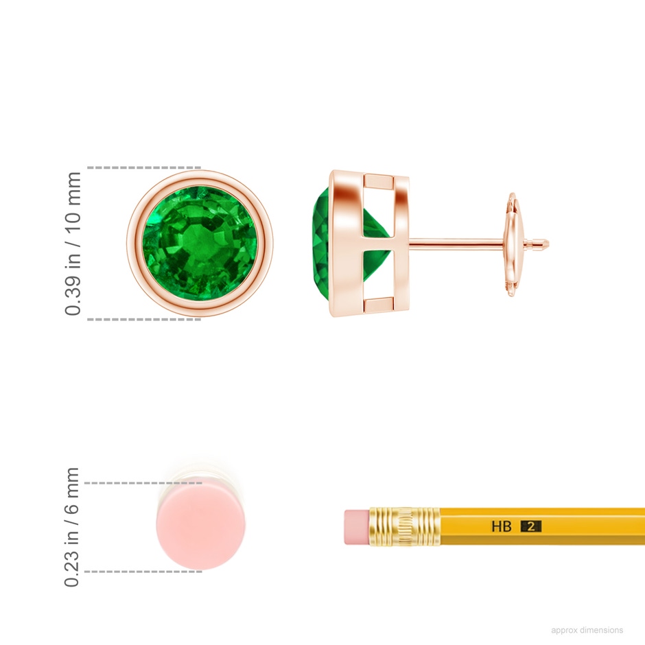 8mm AAAA Bezel-Set Emerald Solitaire Stud Earrings in Rose Gold ruler