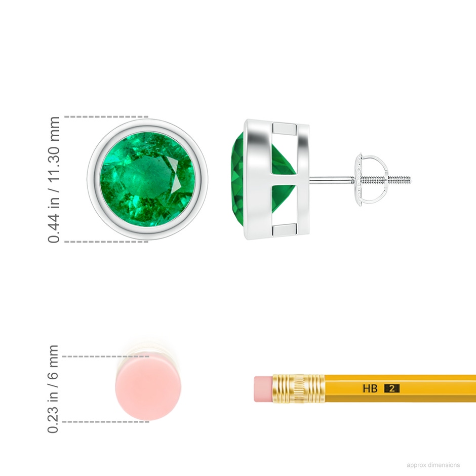 9mm AAA Bezel-Set Emerald Solitaire Stud Earrings in P950 Platinum ruler