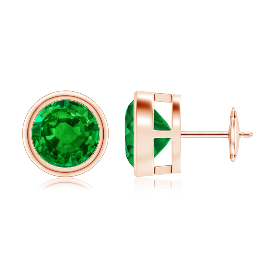 9mm AAAA Bezel-Set Emerald Solitaire Stud Earrings in Rose Gold 