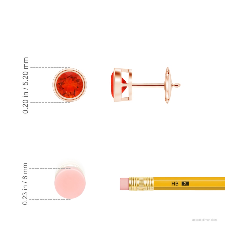 4mm AAAA Bezel-Set Fire Opal Solitaire Stud Earrings in Rose Gold ruler