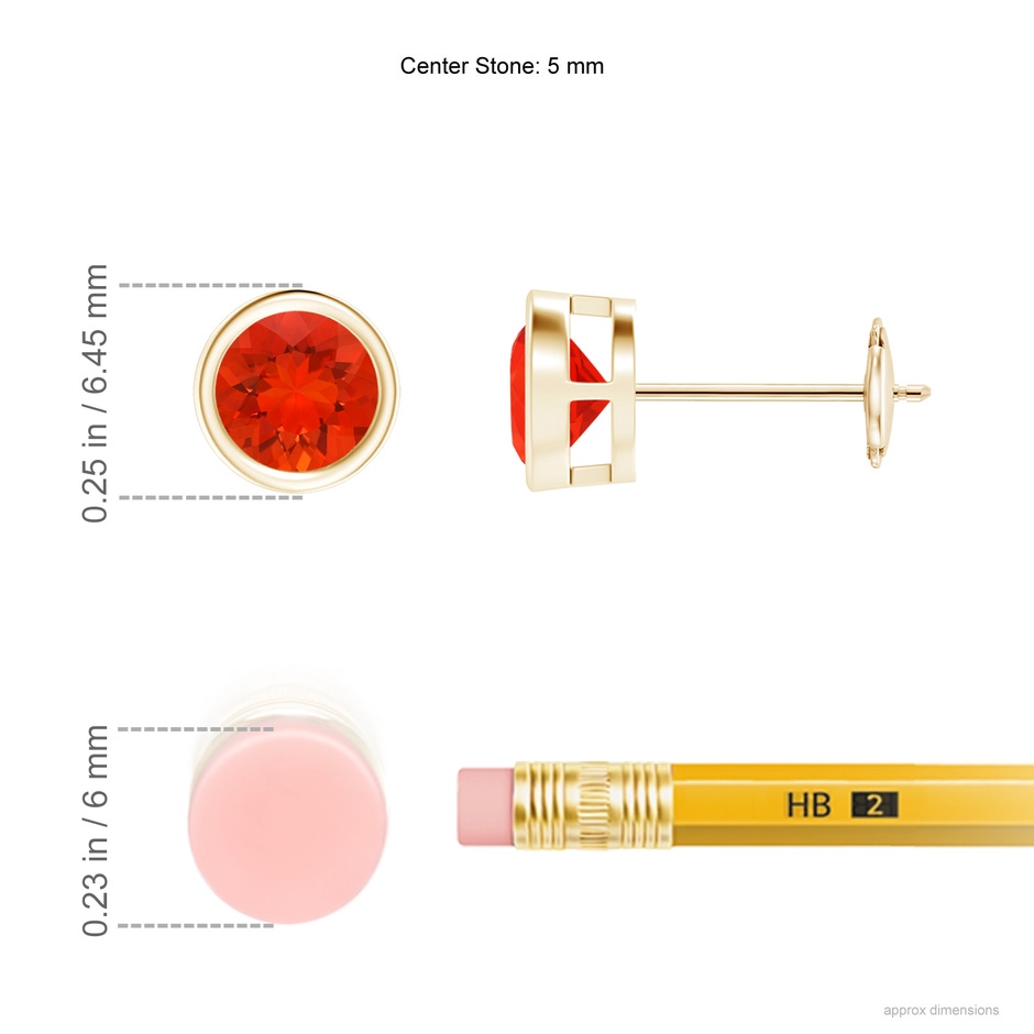 5mm AAAA Bezel-Set Fire Opal Solitaire Stud Earrings in 18K Yellow Gold ruler