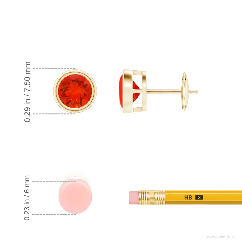 6mm AAAA Bezel-Set Fire Opal Solitaire Stud Earrings in 18K Yellow Gold ruler