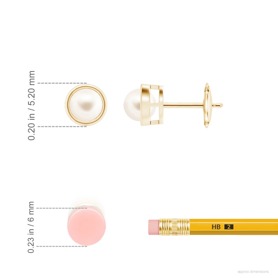 4mm AAA Bezel-Set Freshwater Pearl Solitaire Stud Earrings in Yellow Gold ruler