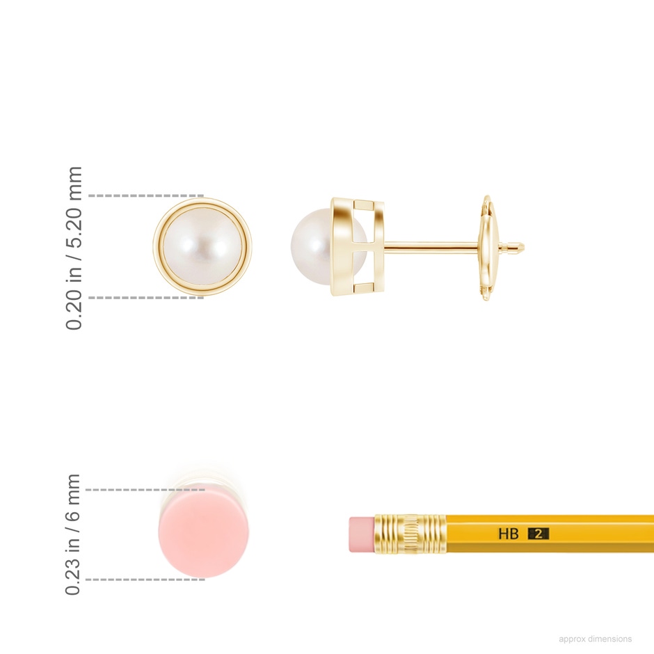 4mm AAAA Bezel-Set Freshwater Pearl Solitaire Stud Earrings in 18K Yellow Gold ruler