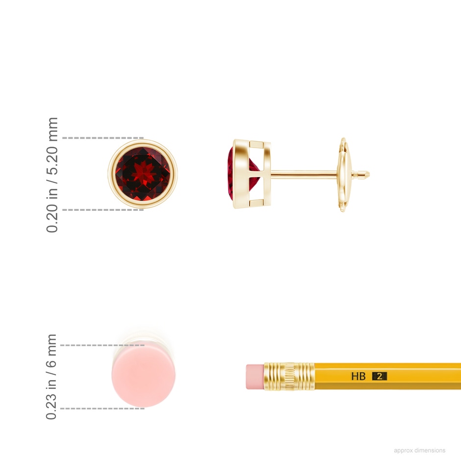 4mm AAAA Bezel-Set Garnet Solitaire Stud Earrings in 18K Yellow Gold ruler