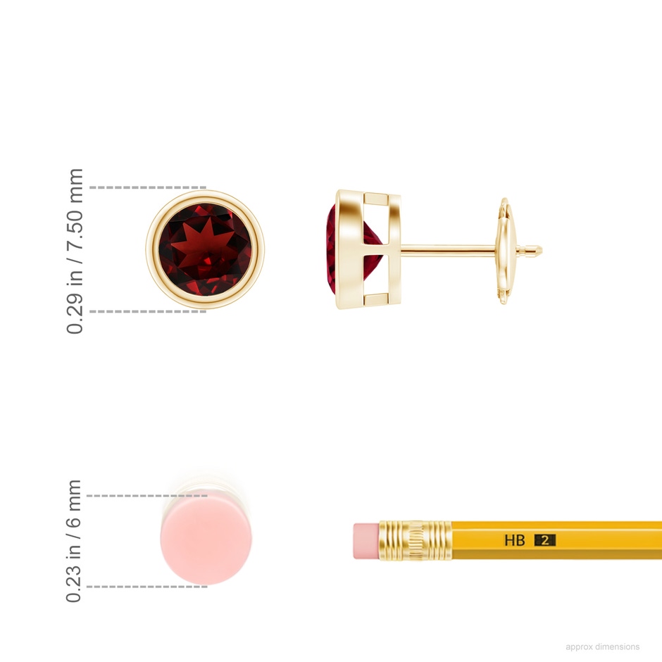 6mm AAA Bezel-Set Garnet Solitaire Stud Earrings in 18K Yellow Gold ruler