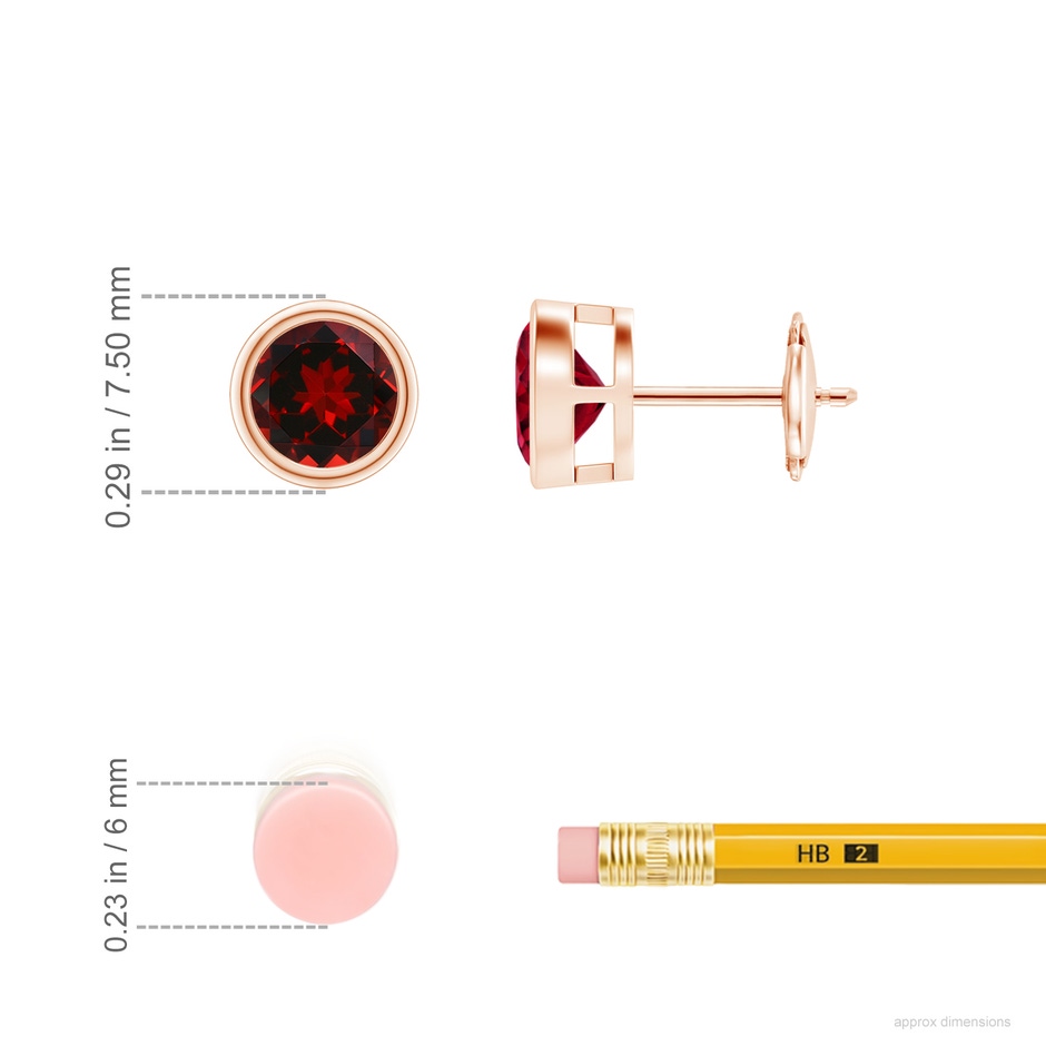 6mm AAAA Bezel-Set Garnet Solitaire Stud Earrings in 18K Rose Gold ruler
