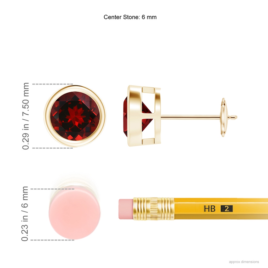 6mm AAAA Bezel-Set Garnet Solitaire Stud Earrings in Yellow Gold Ruler